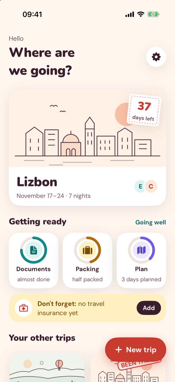 Leylek's home screen: a Lisbon trip shown as a postcard, with preparation stamps below